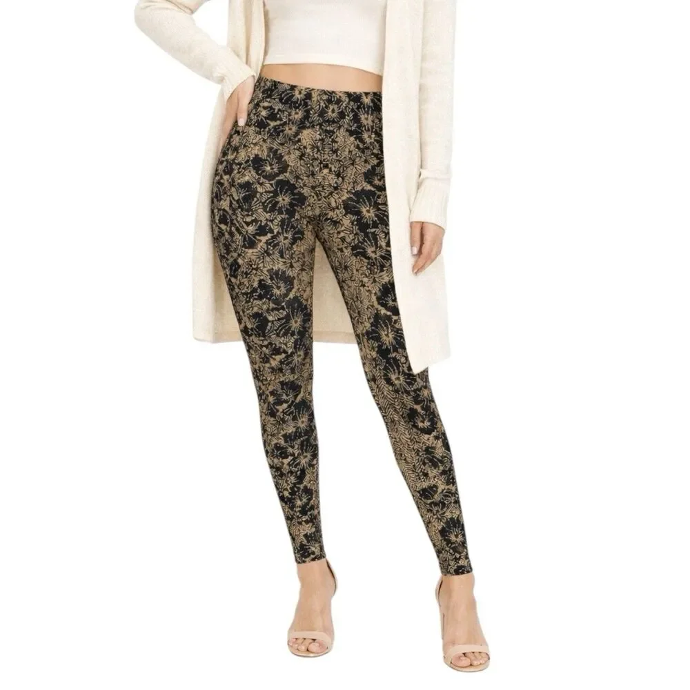 Free‎ People Gold Metallic Ornate Floral Print Leggings Black Boho