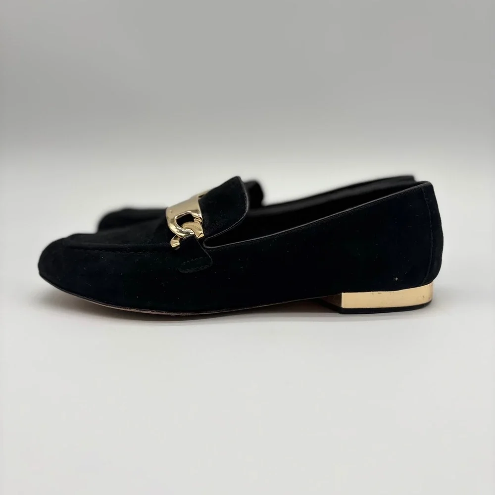 Donald J Pliner Hola Black Suede Gold Chain Link Loafers Womens7.5‎ M Flat Shoes