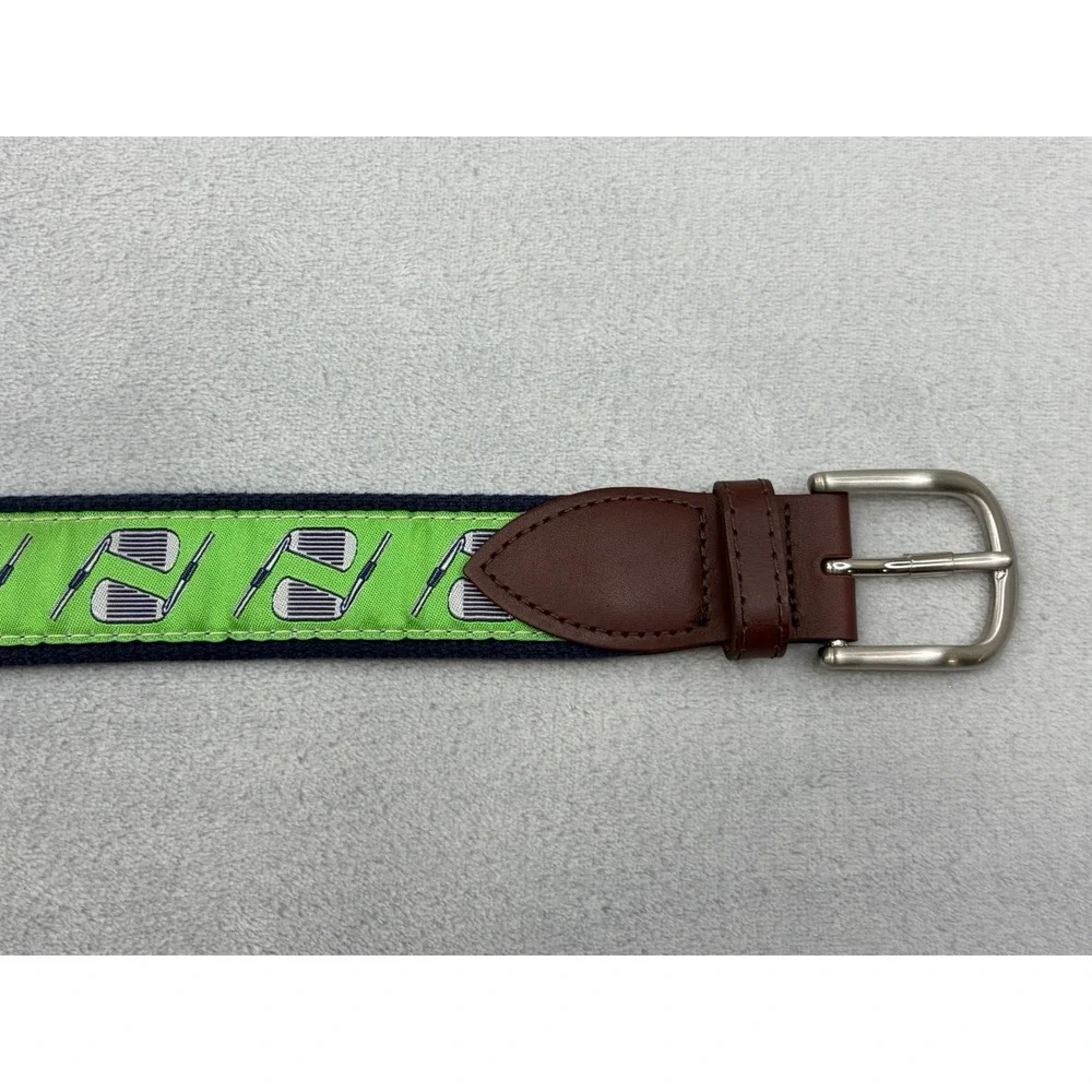 Belted Cow Co Mens Belt Green Golf Clubs Canvas Navy Blue Leather Trim Size 40