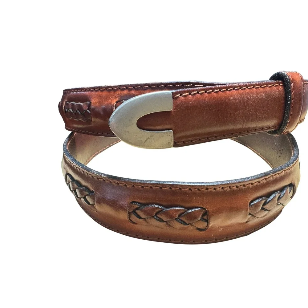 Mens Cognac Brown Full Grain Leather Braided Inlay Belt Florsheim Turkey 36 VTG